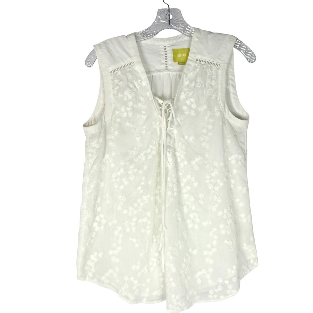 Maeve Anthropologie‎ Sleeveless Embroidered Lace-Up Blouse Ivory Size 6 Boho